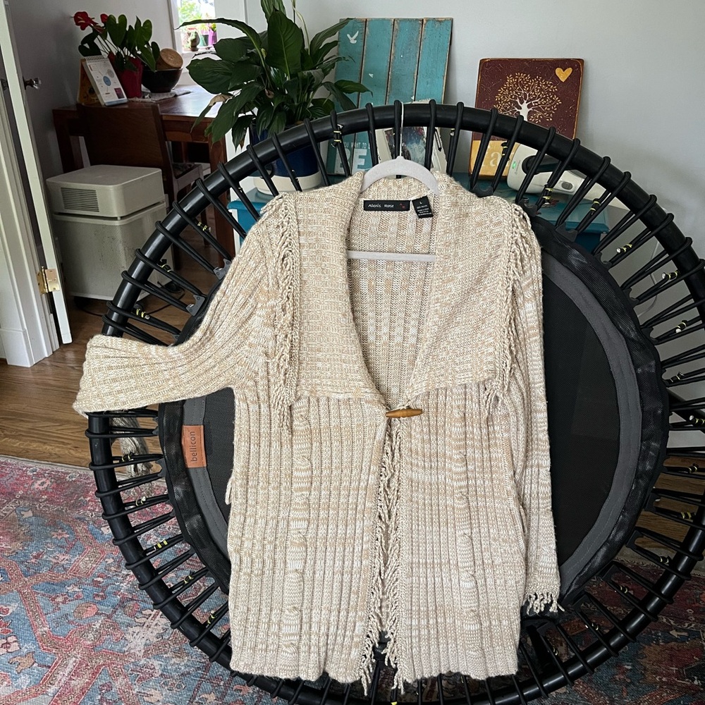Alexis Rose Cream and Beige Fringed Cardigan Sweater. Medium to light weight.